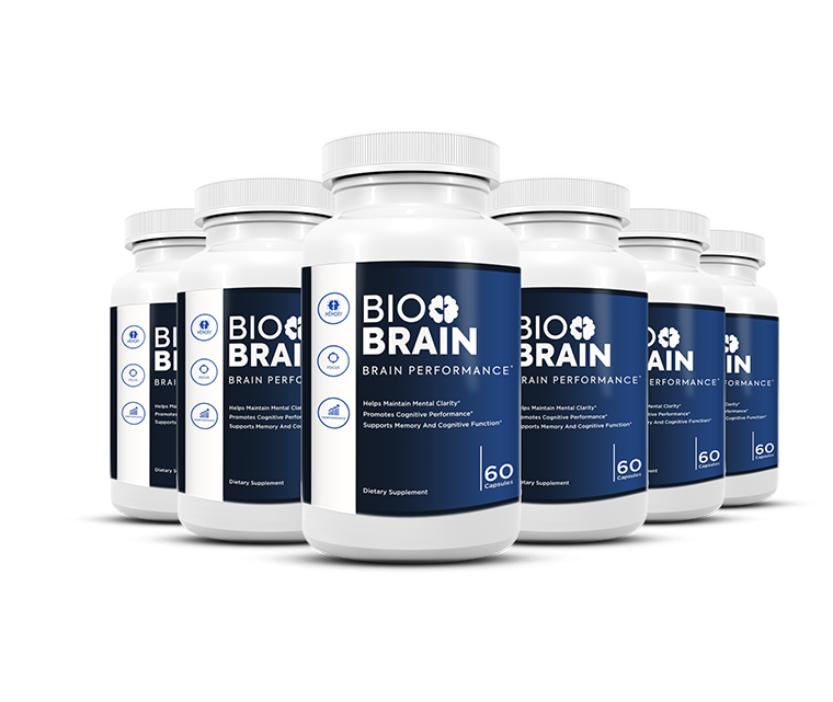 6 potes do suplemento BioBrain.